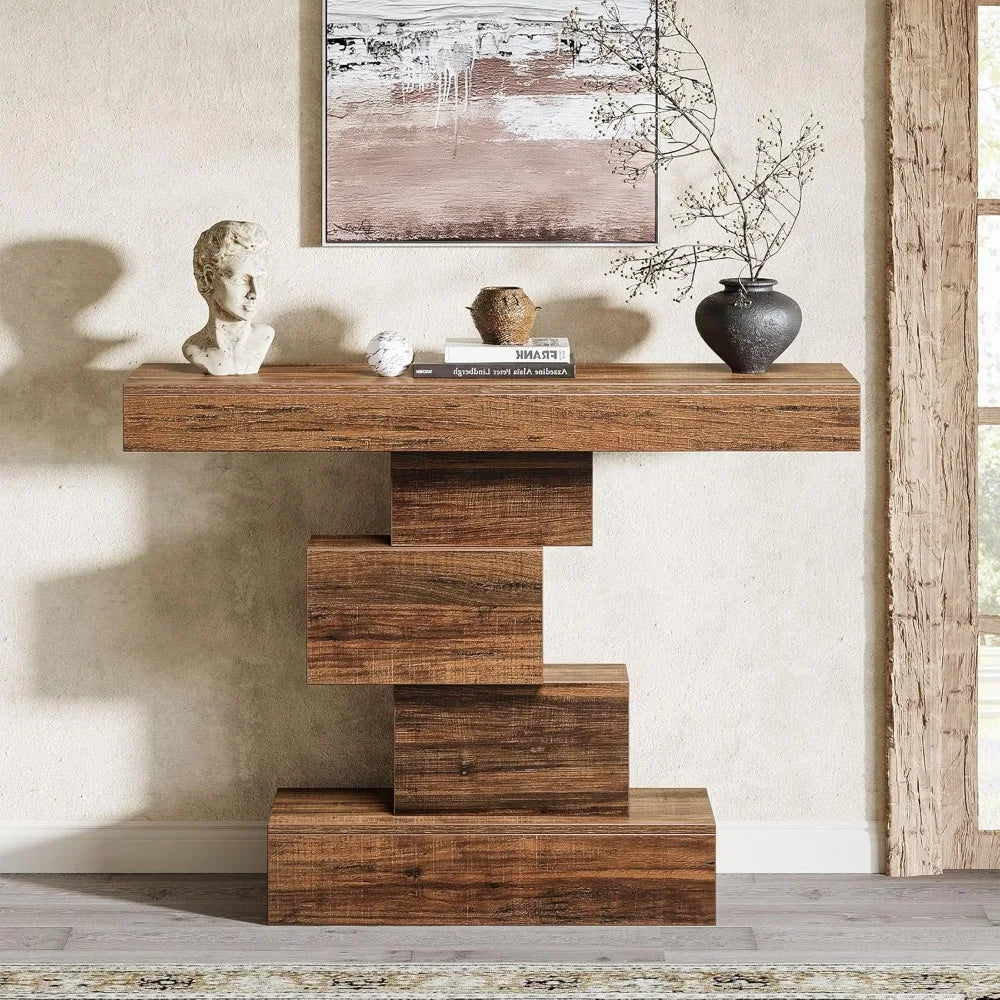 42.5 Farmhouse Console Table, Narrow Wood Sofa Table Behind Couch with Geometric Base, Industrial Entryway Accent Tab