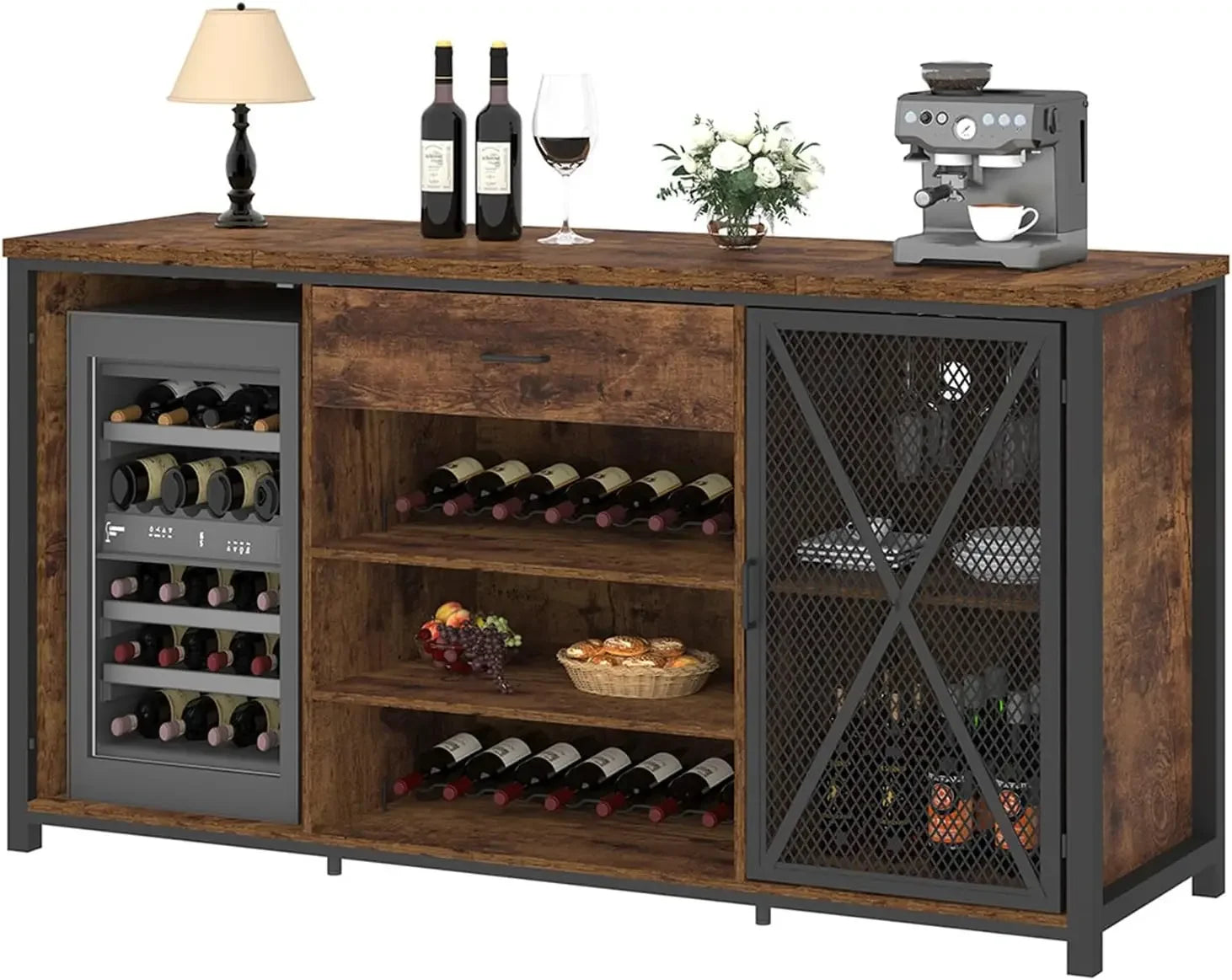 Farmhouse Wood & Metal Wine Cabinet – Large Bar Cabinet with Refrigerated Space