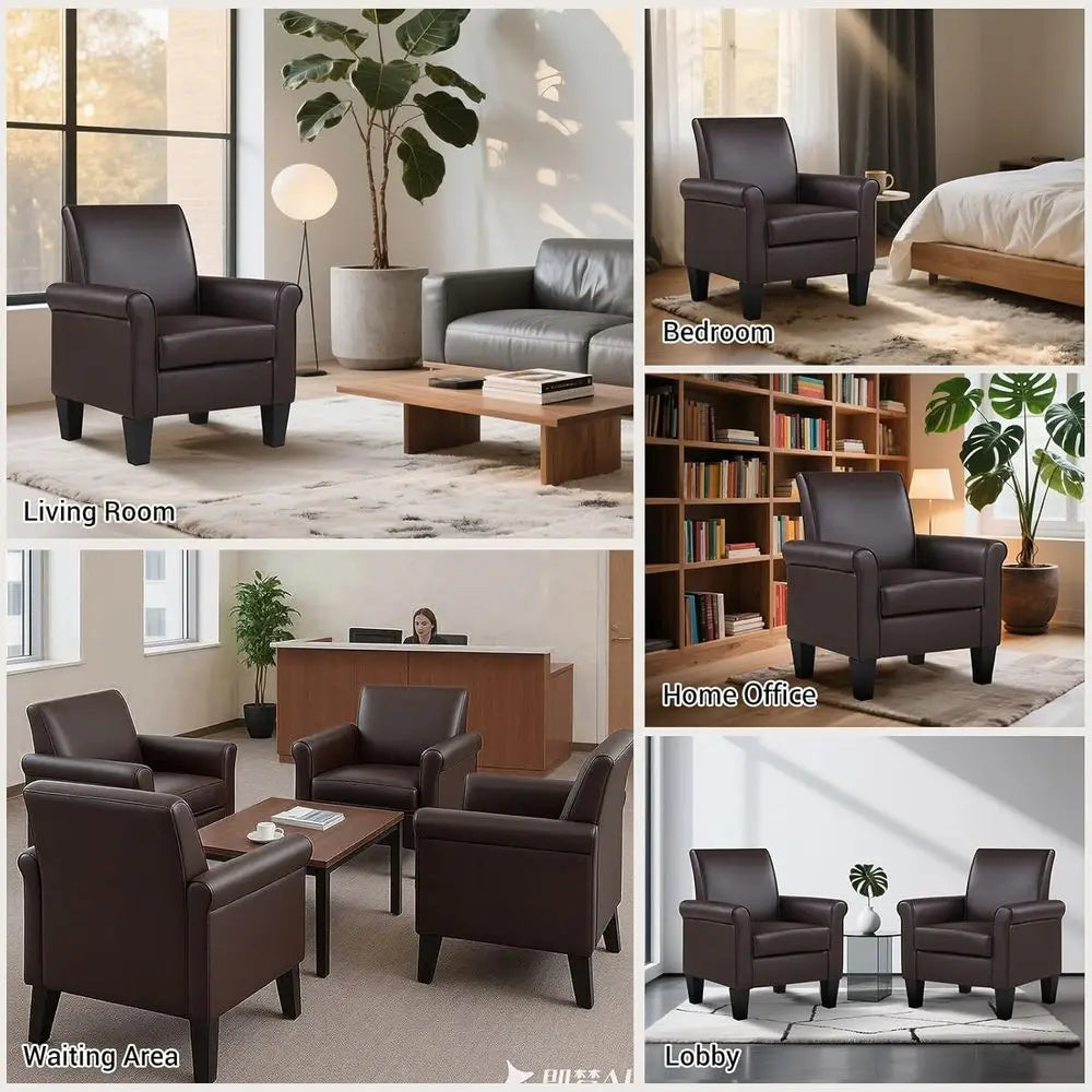 PU Leather Accent Chairs – Set of 2 Overstuffed Mid-Century Modern Armchairs