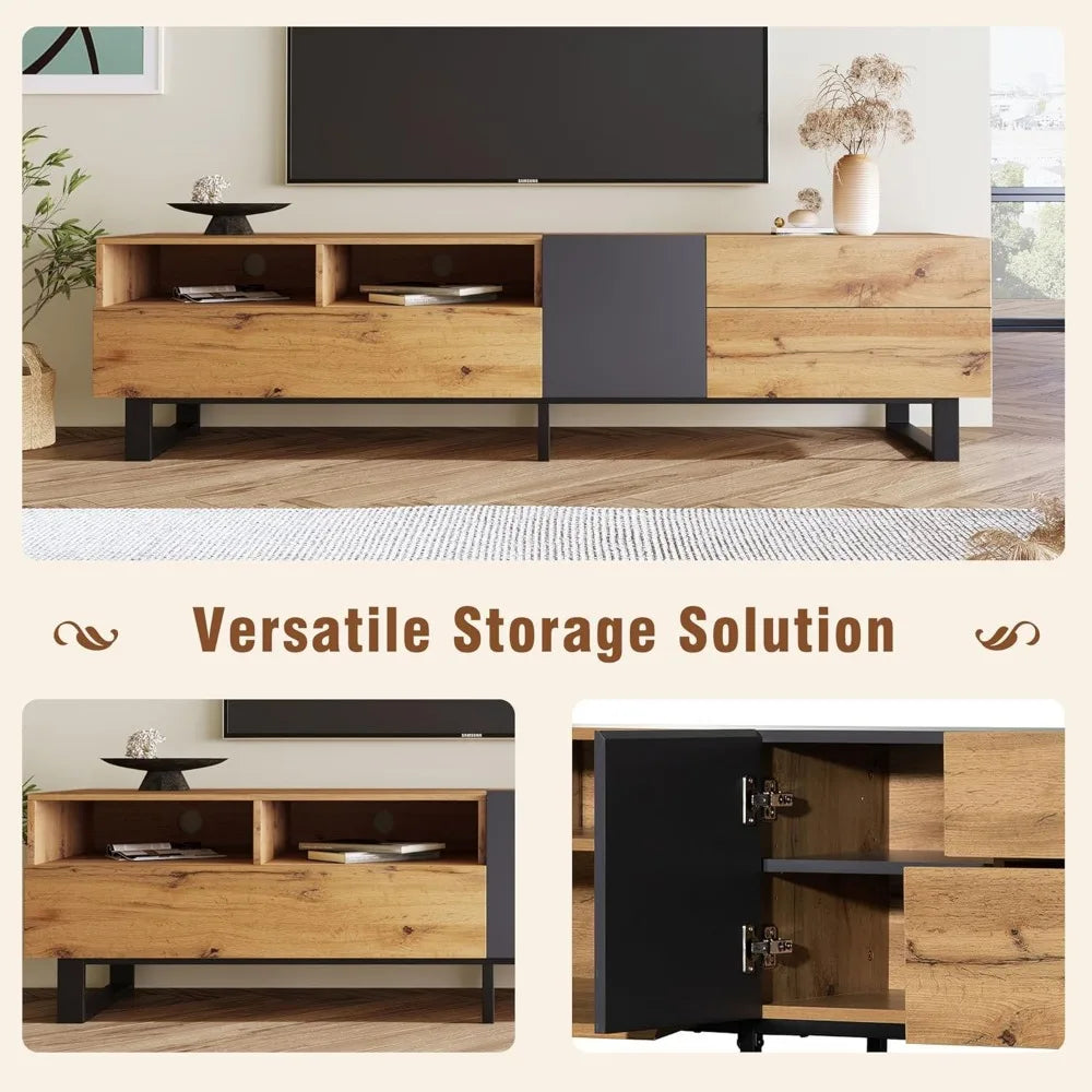 Modern TV Entertainment Center with 3 Cabinets & Open Shelves, Wood TV Stand for TVs Up to 80” for Living Room Bedroom (Wo