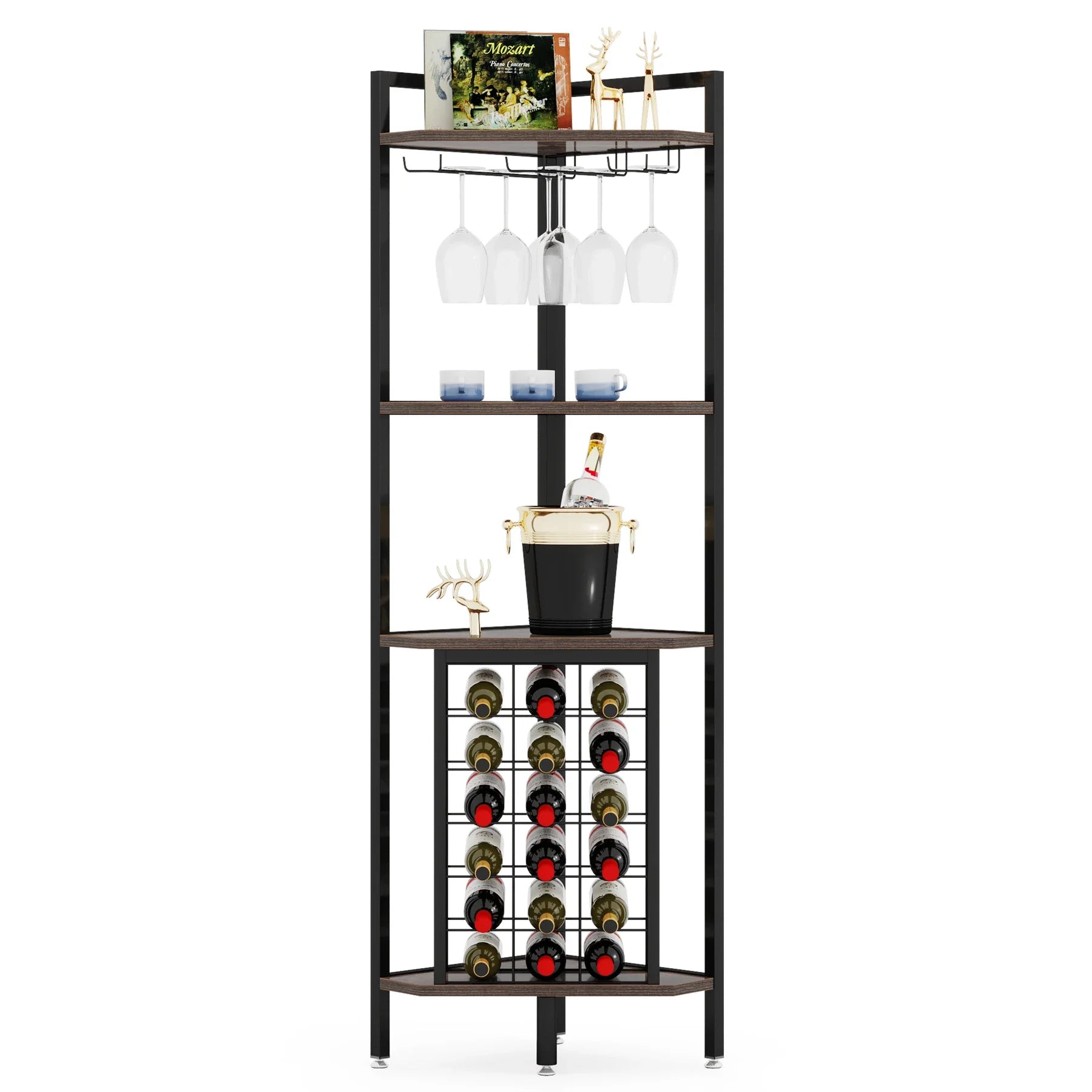 Tribesigns Wine Rack Bar Cabinet – 4-Tier Corner Shelf with Glass Holder