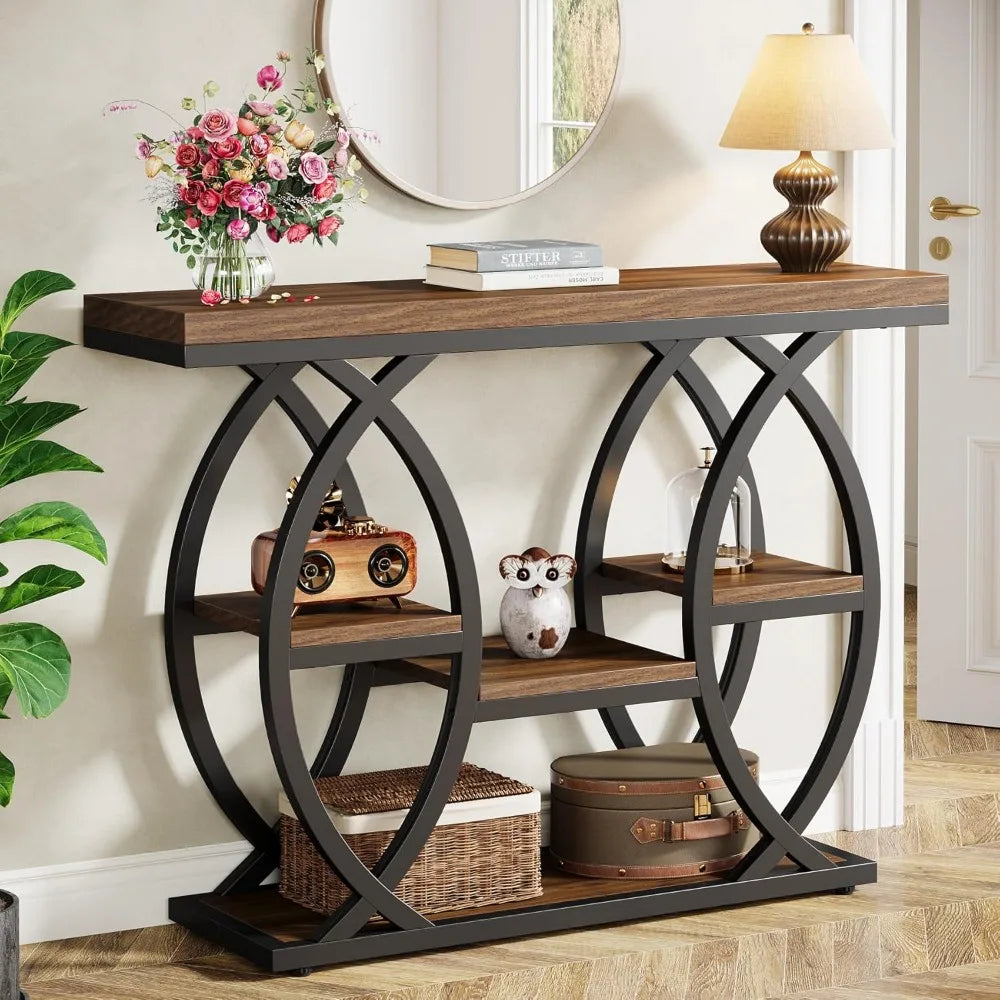39.4"Console Table, Industrial 4-Tier Sofa Table Entryway Table with Storage Shelves, Narrow Wood Accent Tables with Metal Frame
