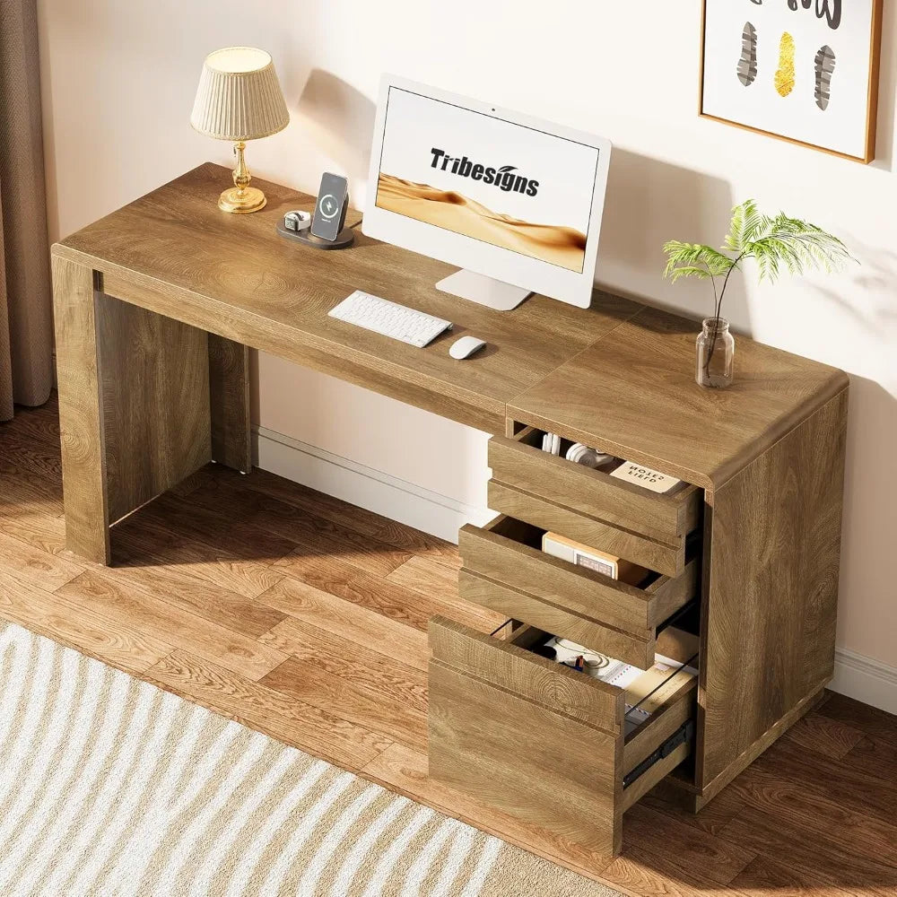 Computer desk with 3 drawers, farmhouse home office desk with storage cabinet, study desk, office workstation, walnut wood