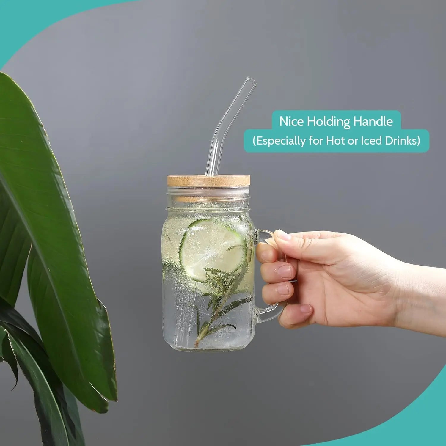 Mason Jars with Handle, Glass Mugs with Straws and Bamboo Lids & Colorful Airtight Lids 4pcs Set, 16oz Drinking Glass Cups, Trav