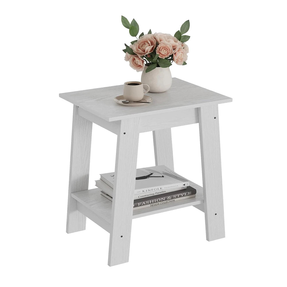 End Table, Wooden Side Table, Small Minimalist Bedside Table, Night Stand with 2-Tier Storage Shelf, Sofa Table for Small Space,
