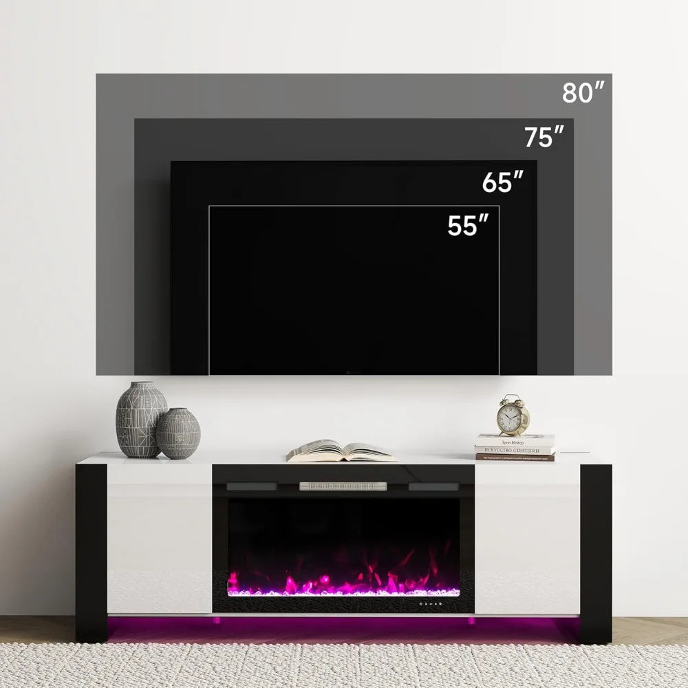 70" U-Shaped Leg TV Stand with 36" Electric Fireplace, High Gloss Finish Entertainment Center for TVs Up to 80", TV C