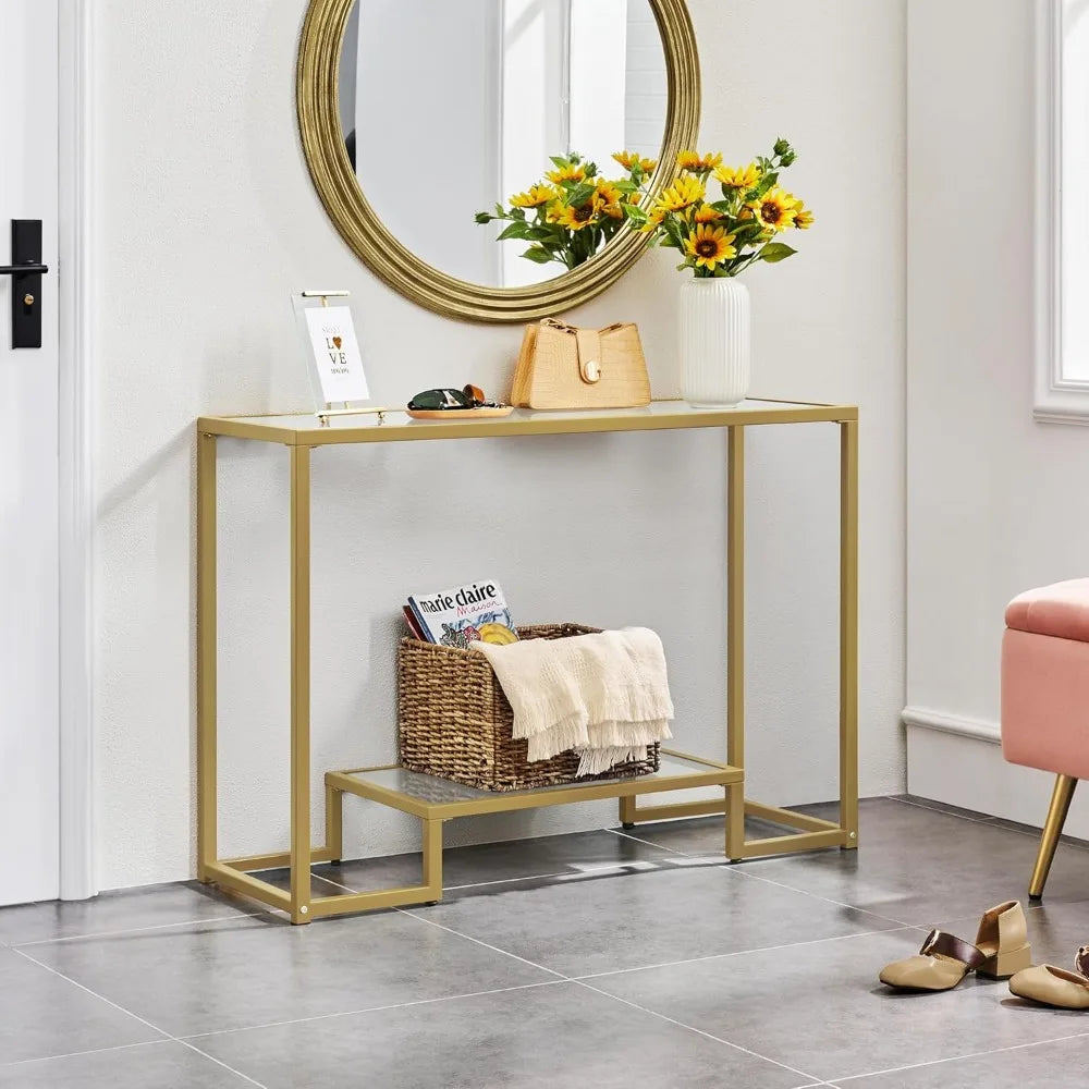 42 Inch Console Table with Tempered Glass, Narrow Entryway Sofa Table, 2-Tier Hallway Table, Ideal for Entrance Stands and Livin