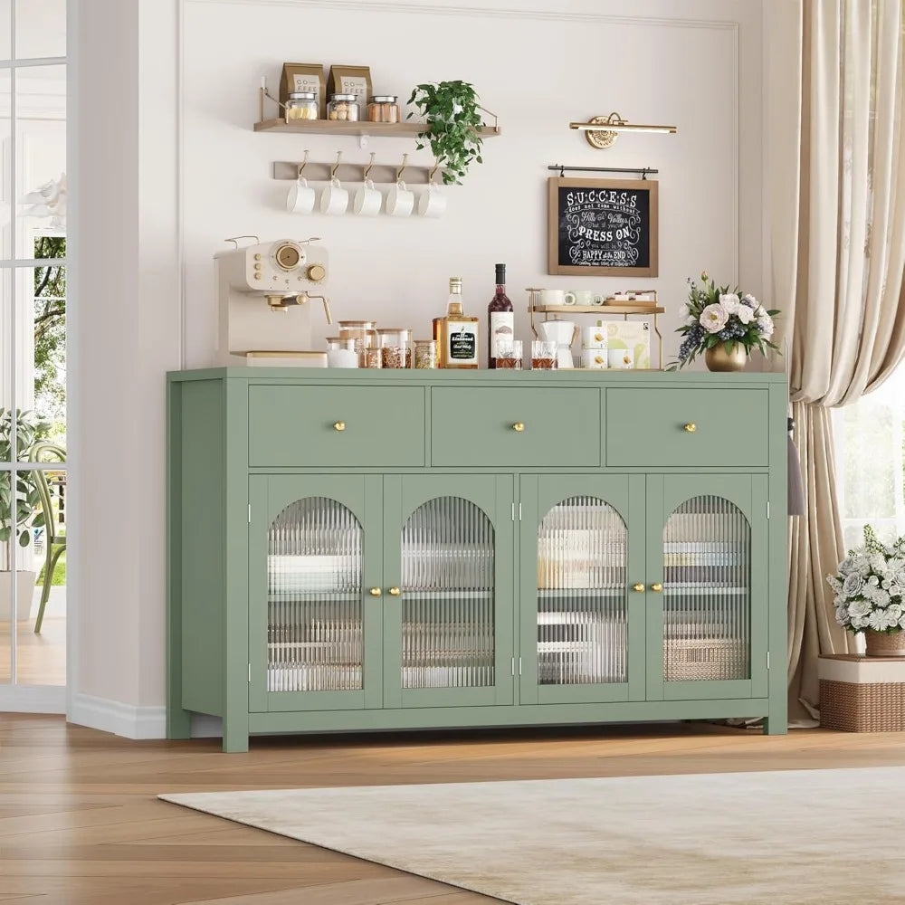 Buffet Cabinet with Storage, 55.1" Large Sideboard Buffet, Farmhouse Kitchen Cabinet with 3 Drawers and 4 Doors, Green