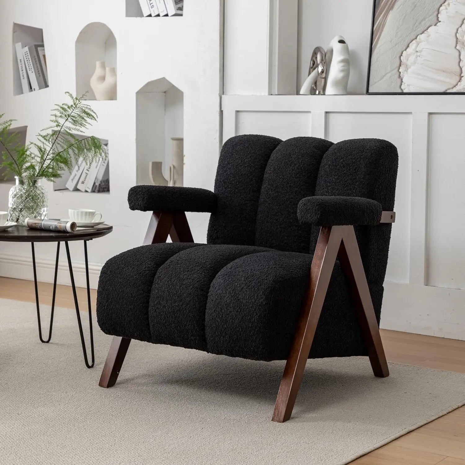 Mid-Century Modern Accent Chair – Upholstered Armchair with Solid Wood Frame