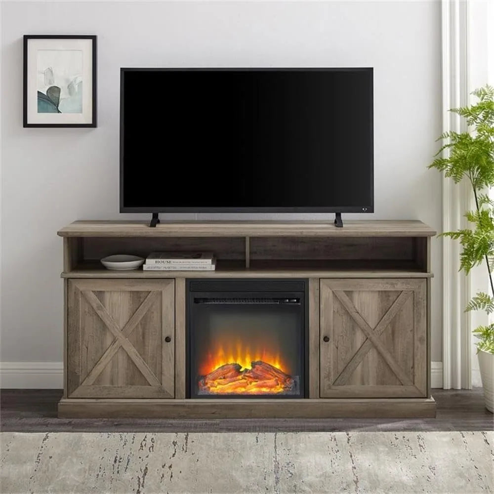 Tall Barn Door Fireplace Stand for TVs up to 65 Inches, Grey Wash