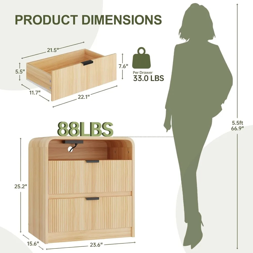 24" Fluted Nightstand with Charging Station, Wooden End Table with 2 Drawers Storage, Curved Profile Design, Modern Bedsi