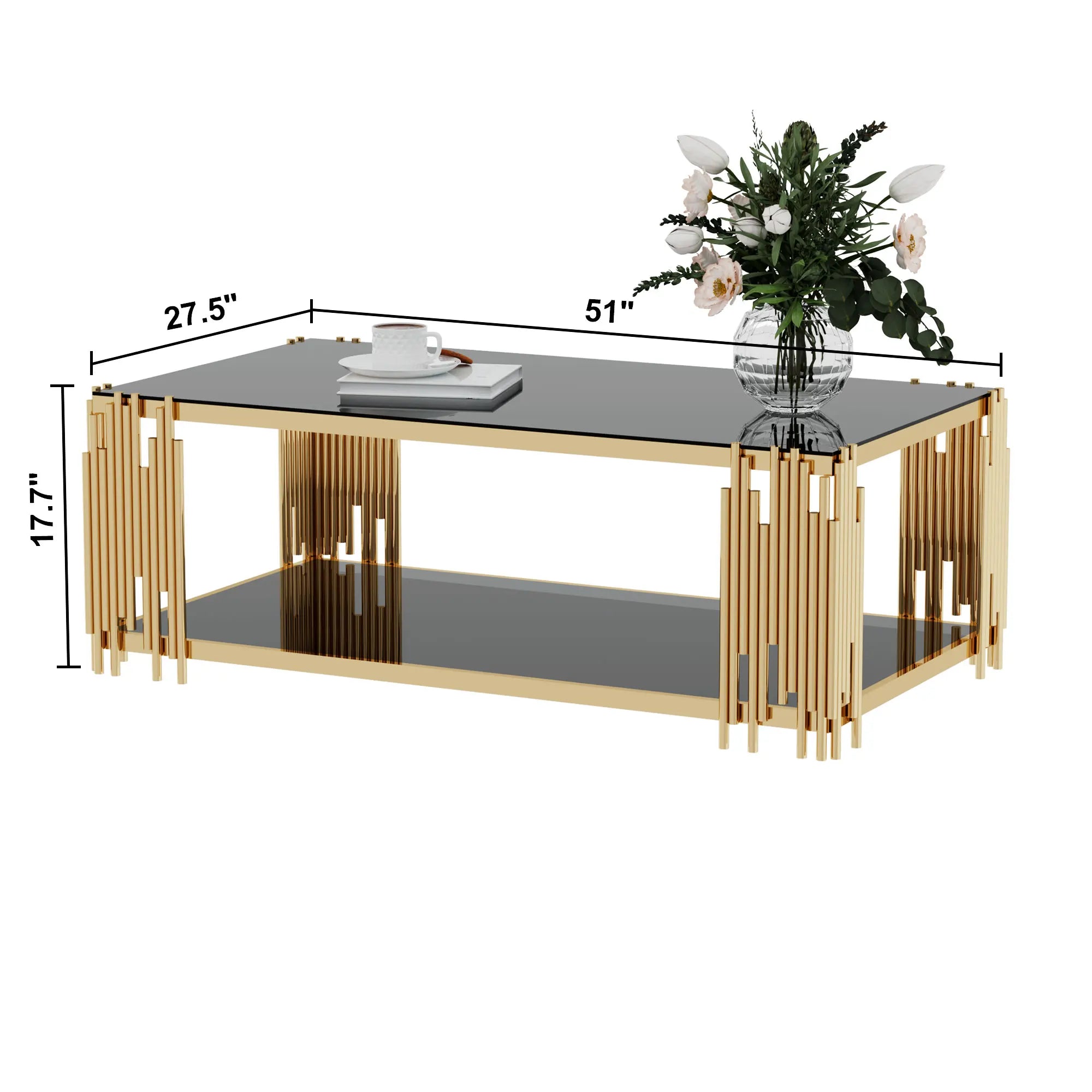Stainless Steel Rectangular Glass Coffee Table – 51.18” Modern Center Table with Gold Legs