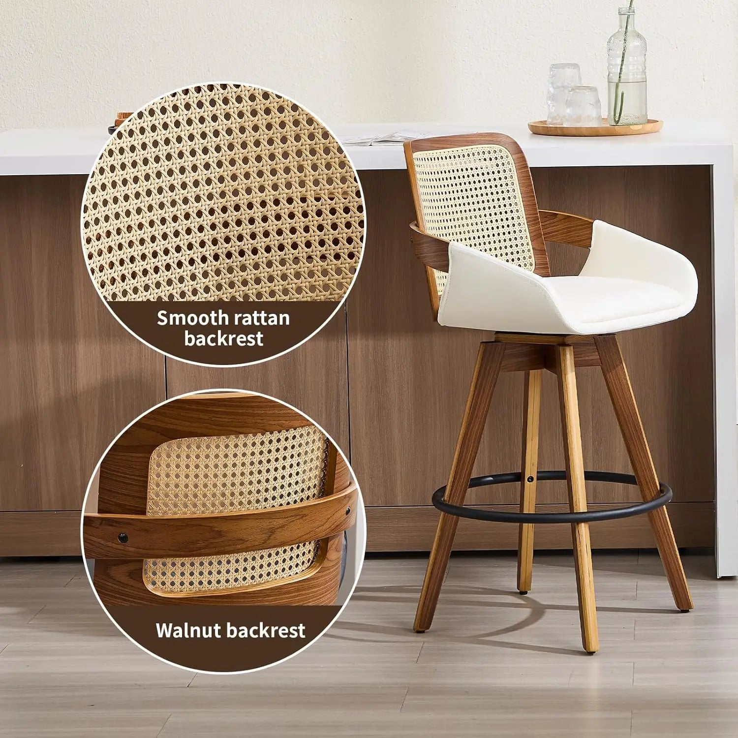 Swivel Counter-Height Bar Stools with Arms – Faux Leather & Rattan Back (Beige)