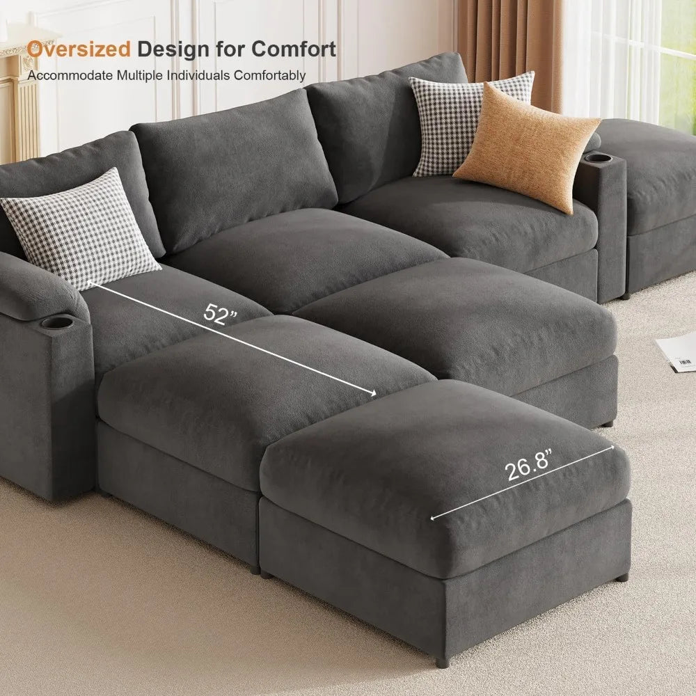U-Shaped 6-Seat Velvet Cloud Sofa with Deep Seating and Convertible Sleeper for Living Room, 119.6 Inch Sectional Couch