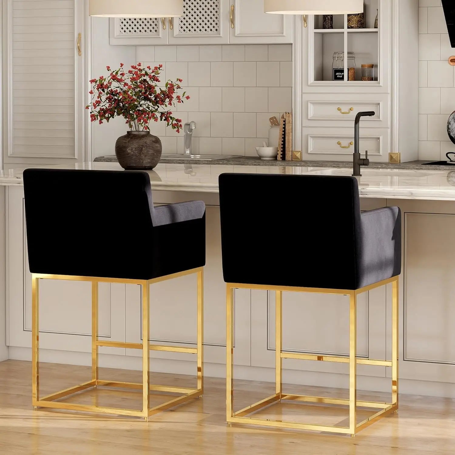 Modern Velvet Counter-Height Bar Stools – Gold Metal Frame with Back (Set of 2, Black)
