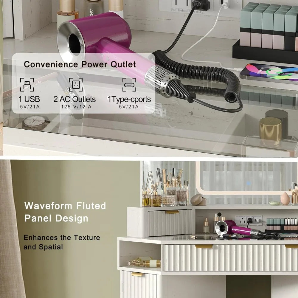 48'' Modern Vanity Desk with HD Triple Mirror & Lights,Large Corner Vanity Table with Glass Top, Charging Station,1Multifunction