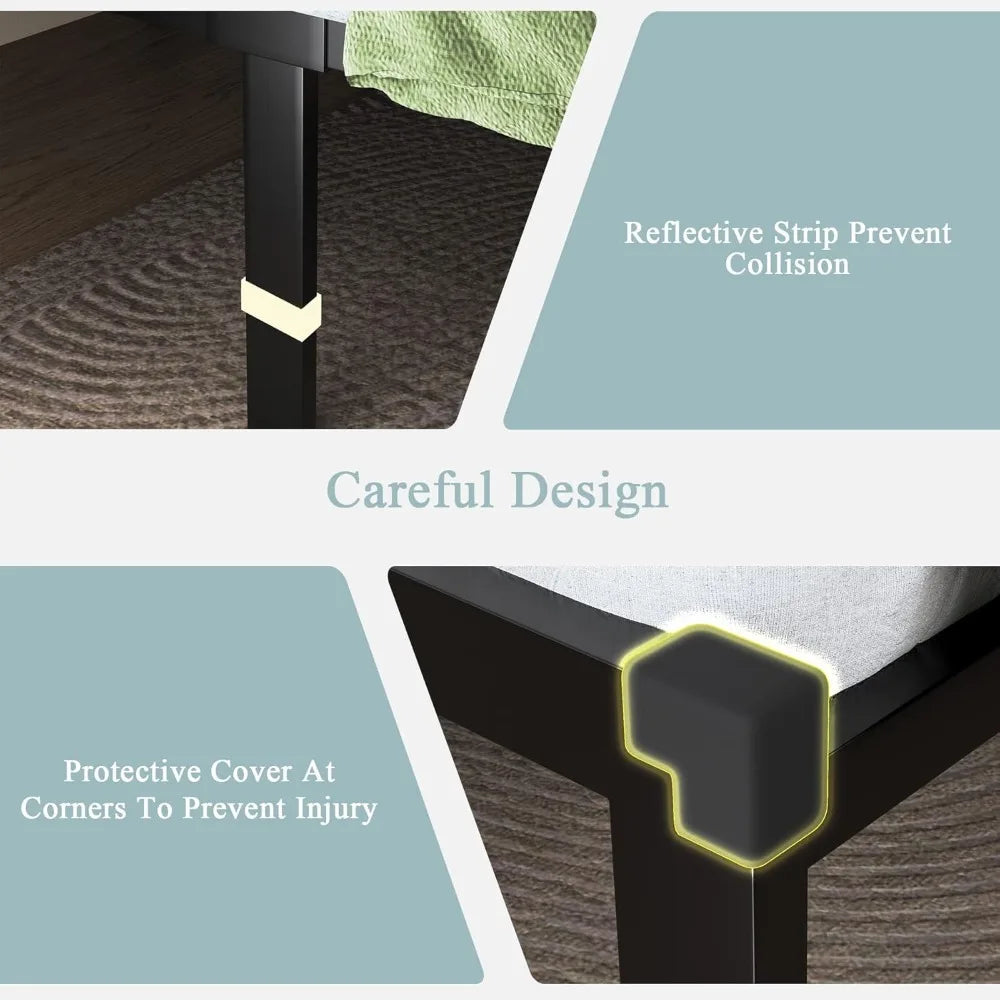 Queen Metal Bed Frame with Fabric Button-Tufted Headboard – 12″ Underbed Storage