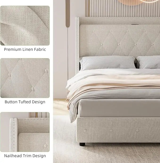 Queen Size Bed Frame with USB Ports & Charging Outlets – Storage Platform Bed with Metal Frame