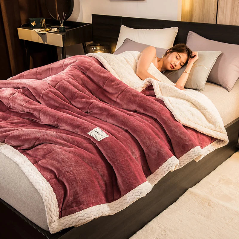 Coral Fleece Autumn Winter Warm Blankets for Bed 3 Layers Thicken Flannel Blanket Quilt Soft Comfortable Warmth Quilts Washable