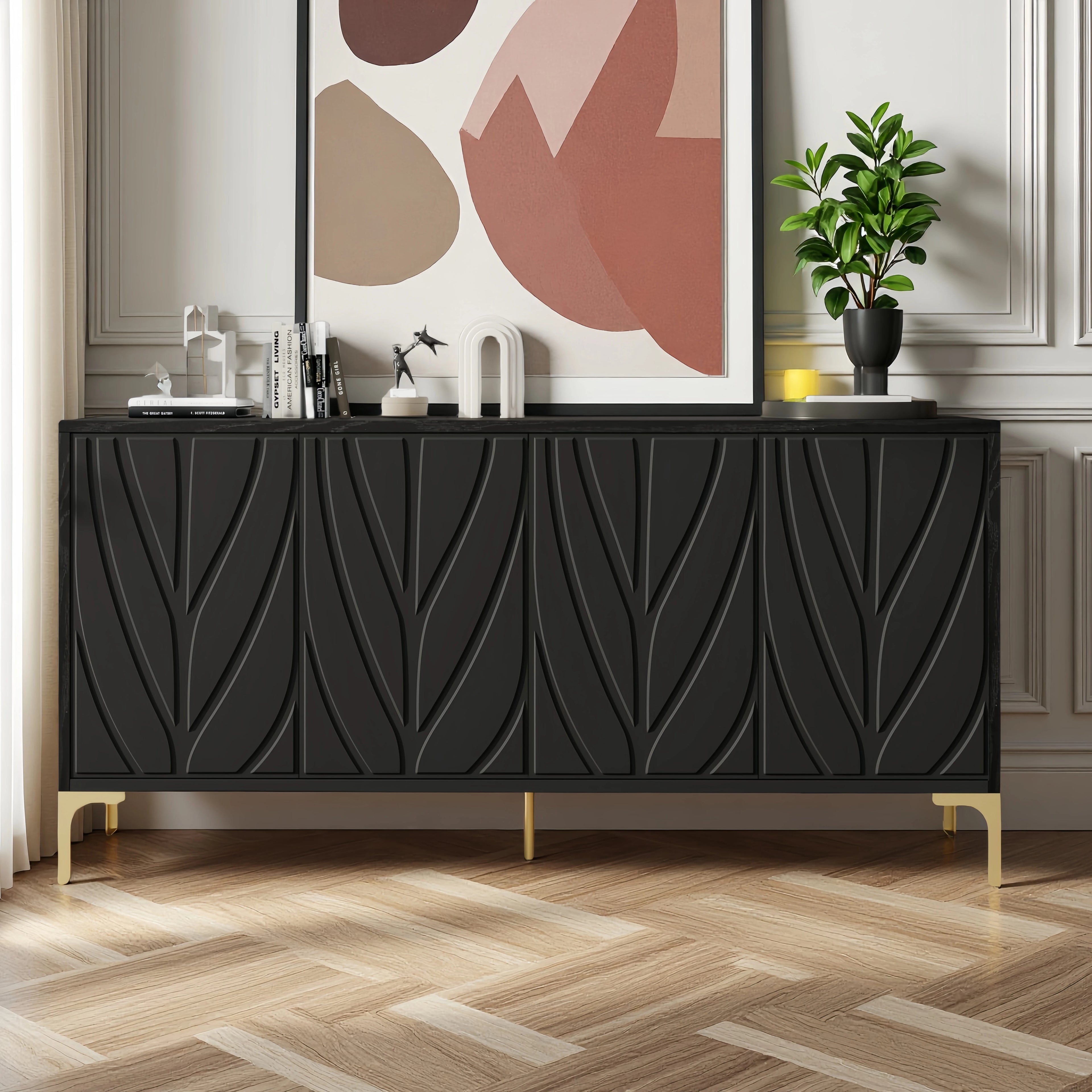 Creative carved 4-door Sideboard Handleless Press-to-Open Design Buffet Cabinet for Dining Room,Living Room, Bedroom, Hallway