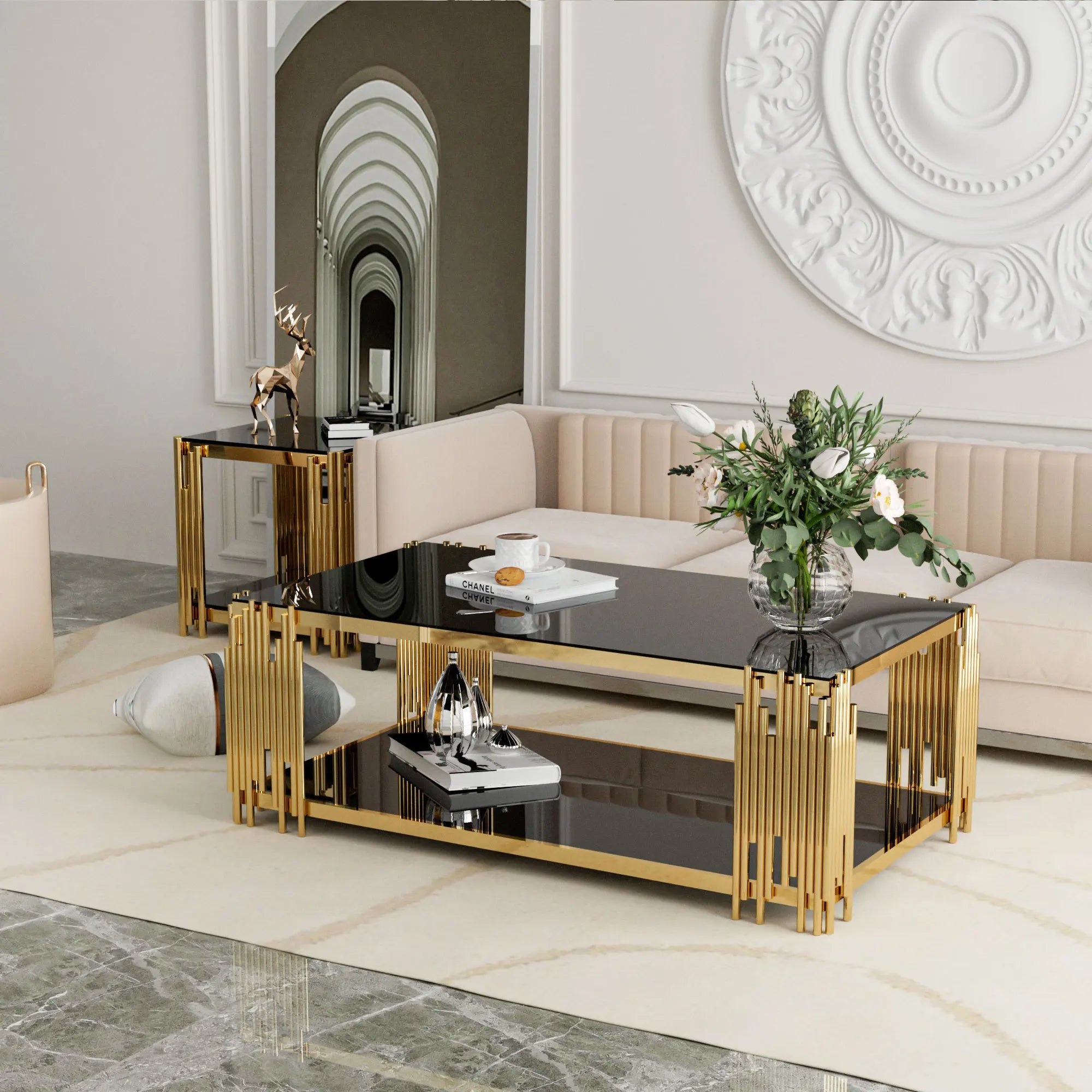 Stainless Steel Rectangular Glass Coffee Table – 51.18” Modern Center Table with Gold Legs