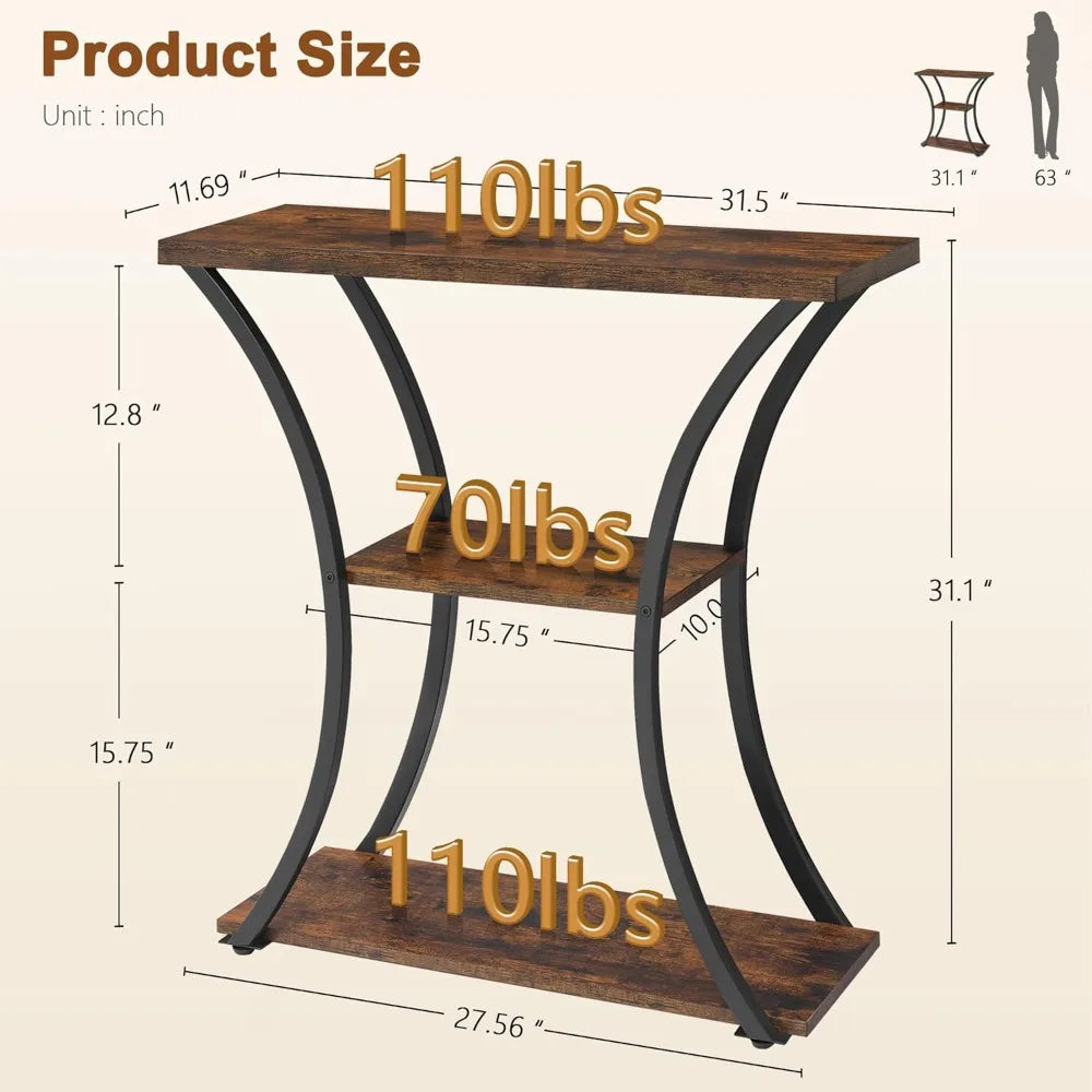 3 Tier Console Table with Open Wood Shelves, Decorative Entryway Table with Curved Metal Frames, Narrow Sofa Table for