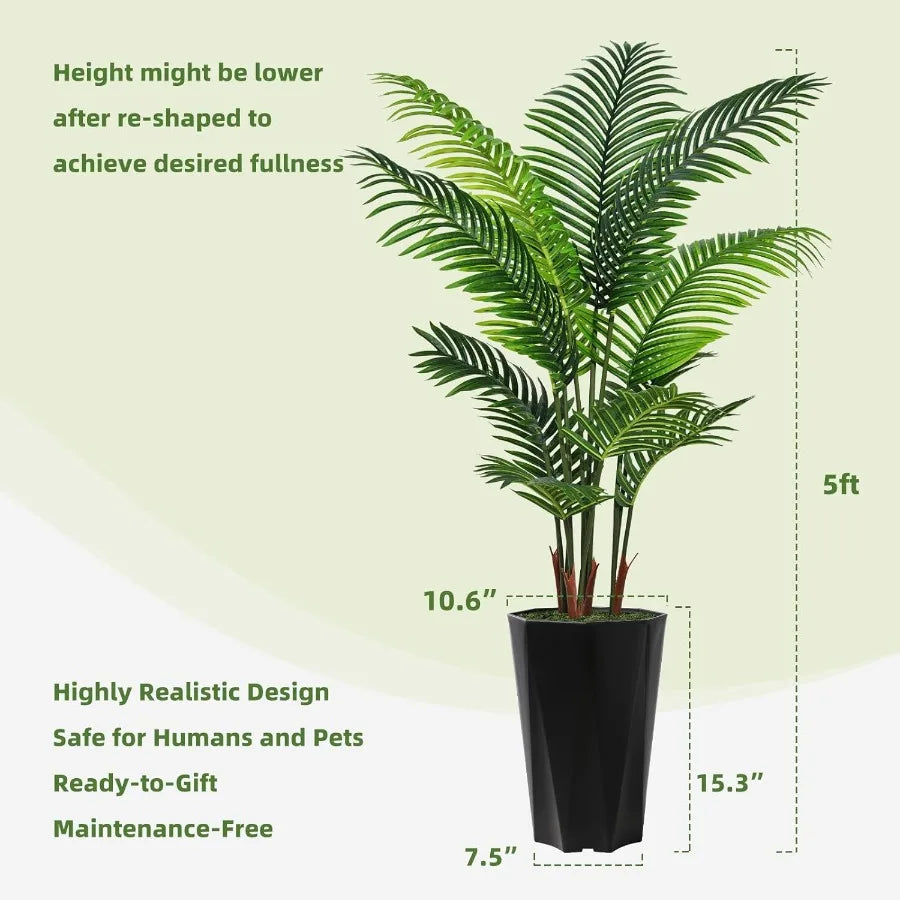 Artificial Palm Plant Indoor 5FT Fake Tree with White Diamond Planter Faux Tropical Areca Tall Fake Floor Plant in Pot Artifici