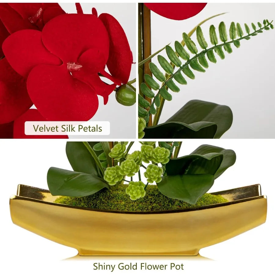 17 Silk Red Orchid Floral Arrangement with Gold Pot Real Touch Faux Orchid Plant for Home Office Room Kitchen Table Centerpiece