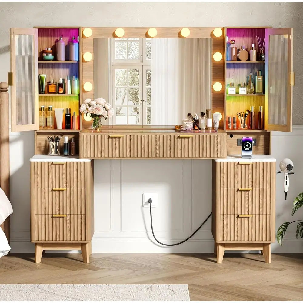LED-lit 30.1 Mirror Vanity Desk with 8 Drawers, Glass Top, Power Outlet, Natural Oak Makeup Table for Bedroom