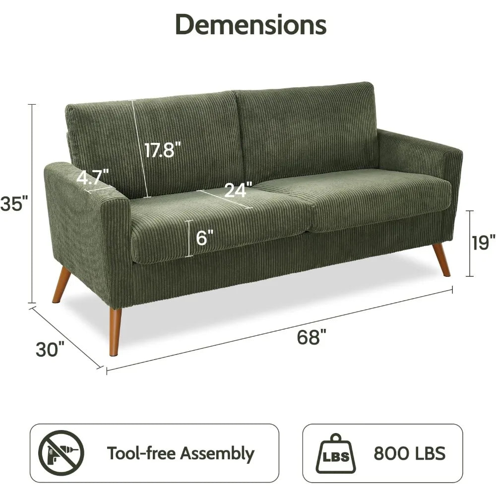 68" Loveseat Sofa Green Corduroy Couch, Mid Century Modern Love Seat Couches for Living Room, Small Loveseat for Bedroom Office