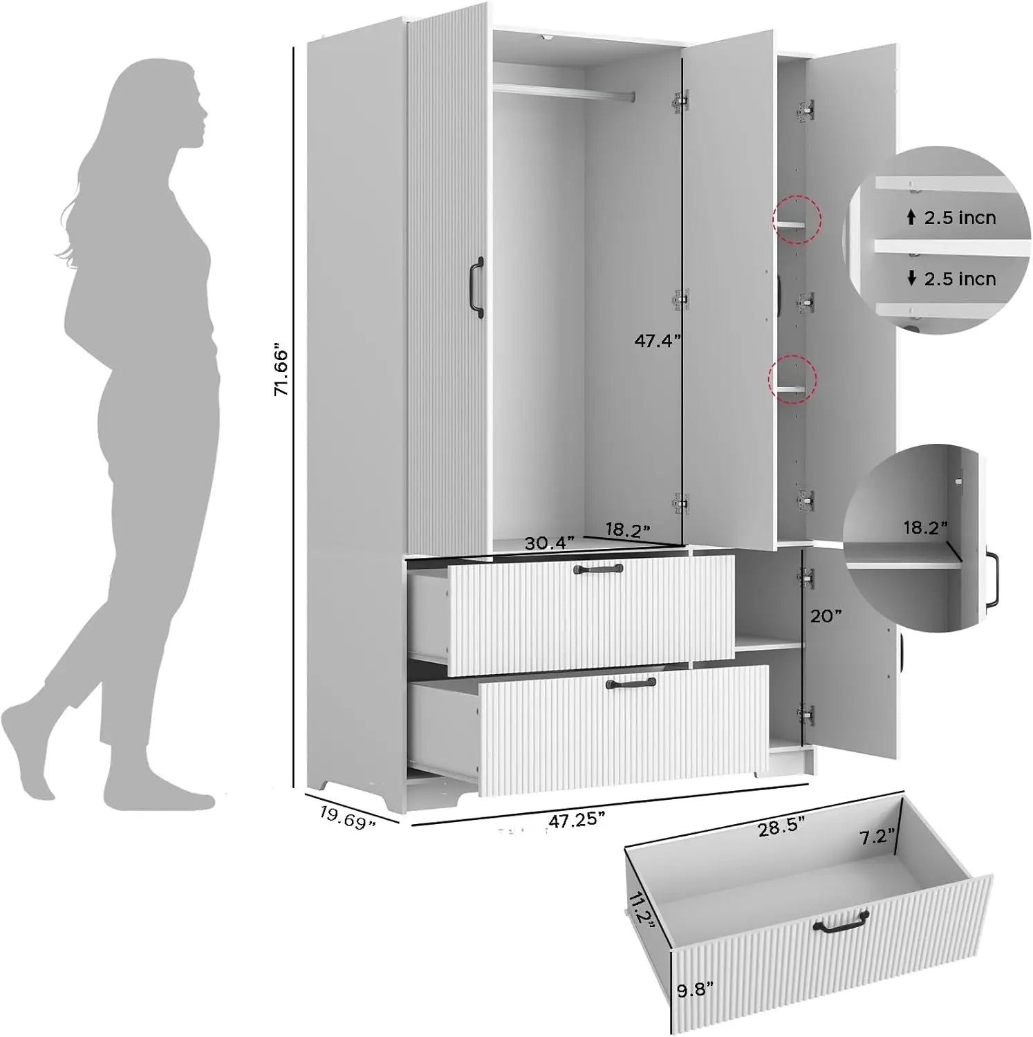 3 Doors Armoire Wardrobe Closet with Mirror Door,Fluted Black Storage Cabinet for Hanging Clothes,Bedroom Large Capacity Freesta