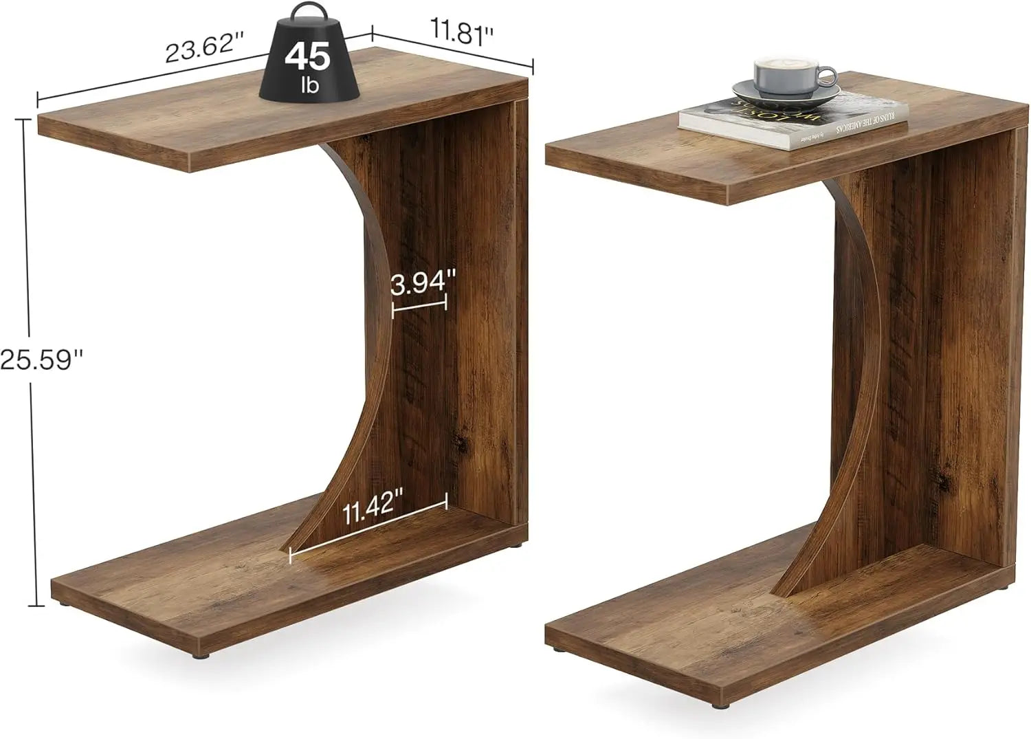 C-Shaped End Table for Couch, C Table for Sofa Set of 2, Side Table for Living Room, Bedroom (2, Rustic Brown)