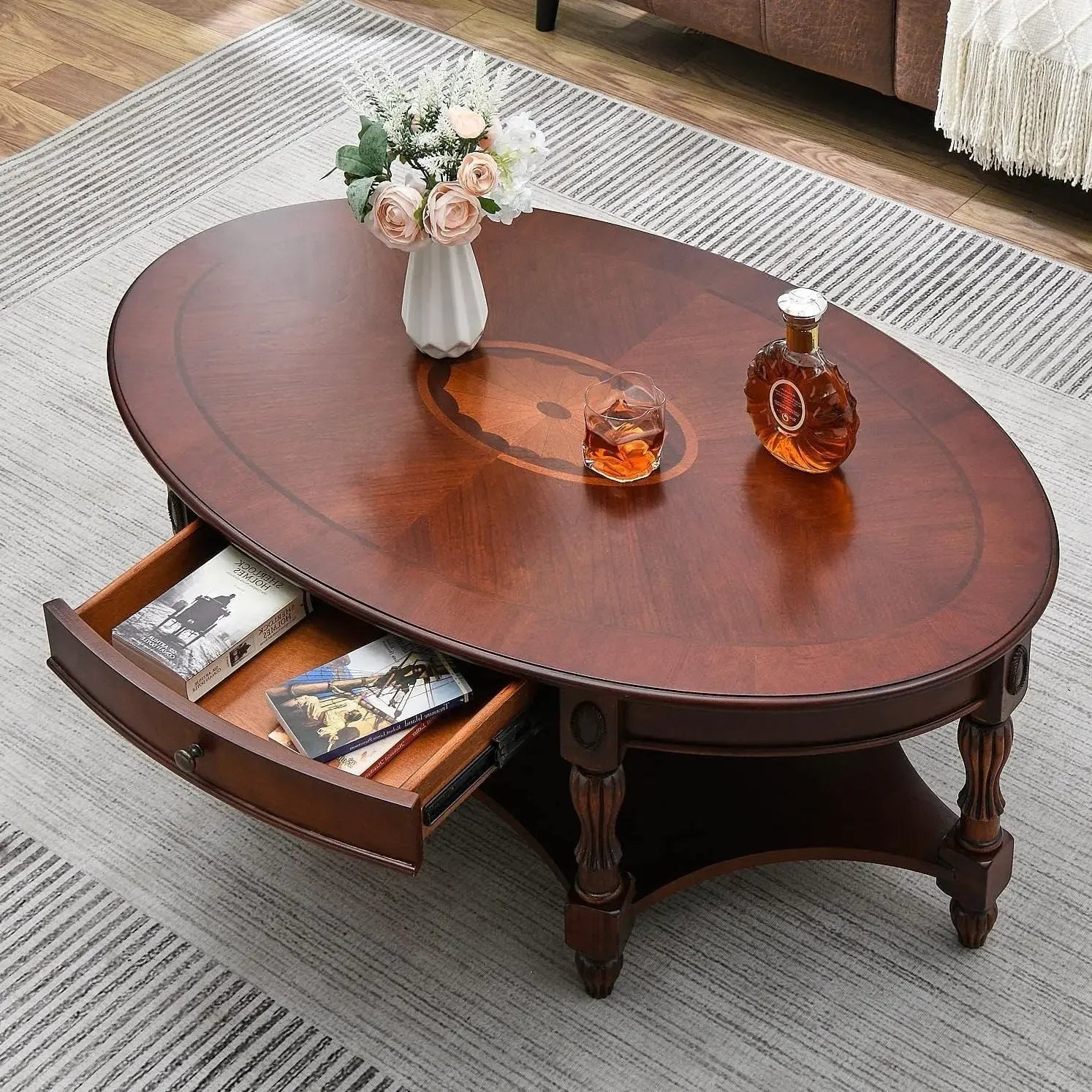Cherry Solid Wood Oval Coffee Table – Victorian Antique Vintage Style with Storage Drawer