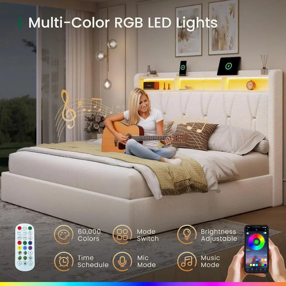 King Size Upholstered Bed Frame with 4 Storage Drawers – Bouclé Headboard, LED Lights & Charging Station