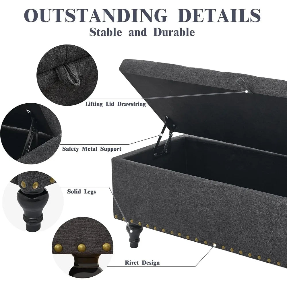 Large Upholstered Storage Ottoman Bench – Safety Hinges Heavy-Duty Design