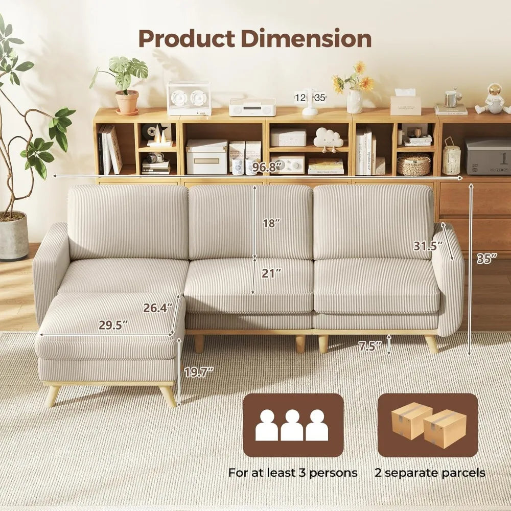 97" Modular Sectional Sofa Light Gray, L-Shaped Couch with Movable Ottoman, Comfy Corduroy Couch with Spring Cushion,