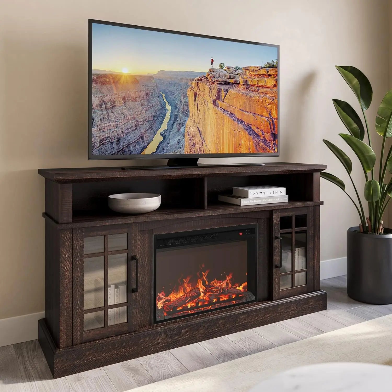 58' Rustic TV Stand with 23' Electric Fireplace, Espresso – Media Console for TVs up to 65', Open Shelves & Cabinets