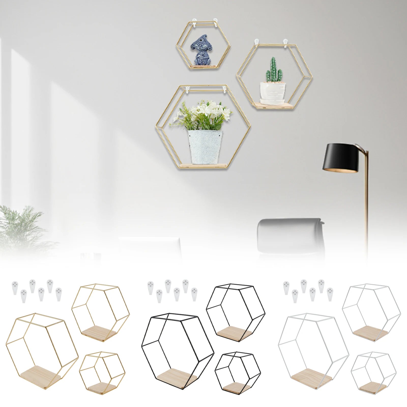 3Pcs Wall Mounted Hexagon Shelf Metal Anti Rust Storage Shelves Sundries Storage Holder Wall Decor for Bedroom Living Room