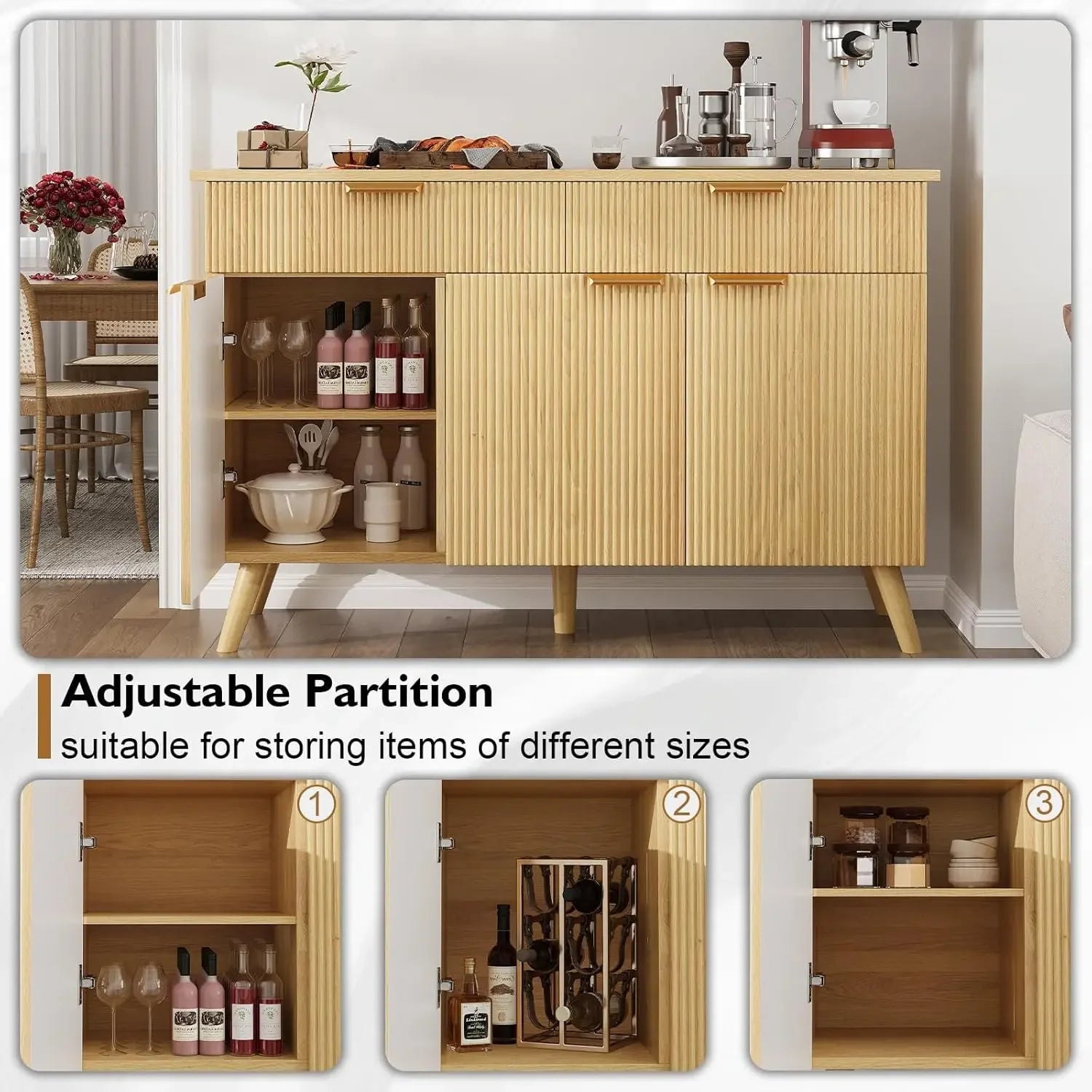 Large Coffee Bar Fluted Sideboard Buffet Cabinet Storage 2 Drawers Large Sideboard Cabinet Storages Geometric Pattern Furniture