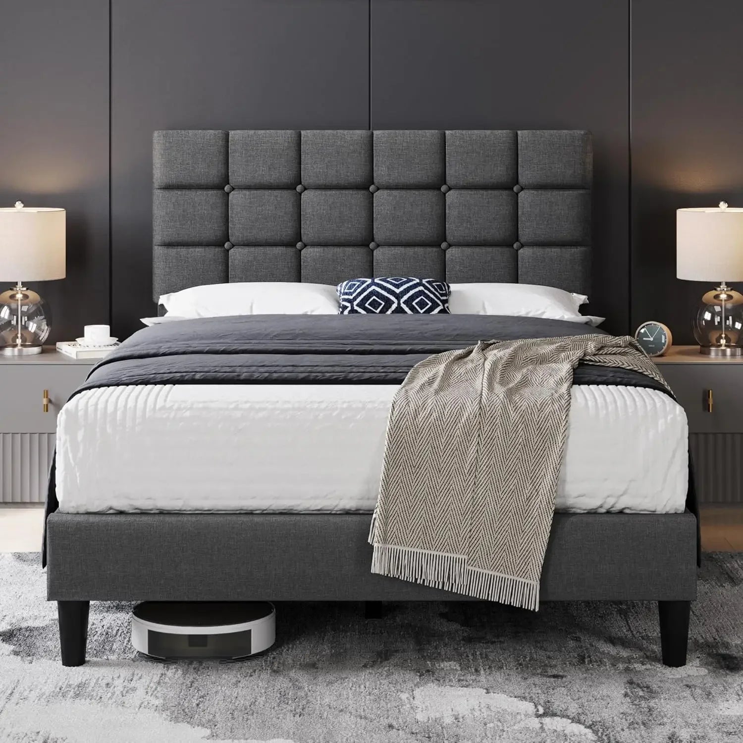 Modern Full Size Upholstered Platform Bed Frame – Square-Stitched Button Tufted Headboard