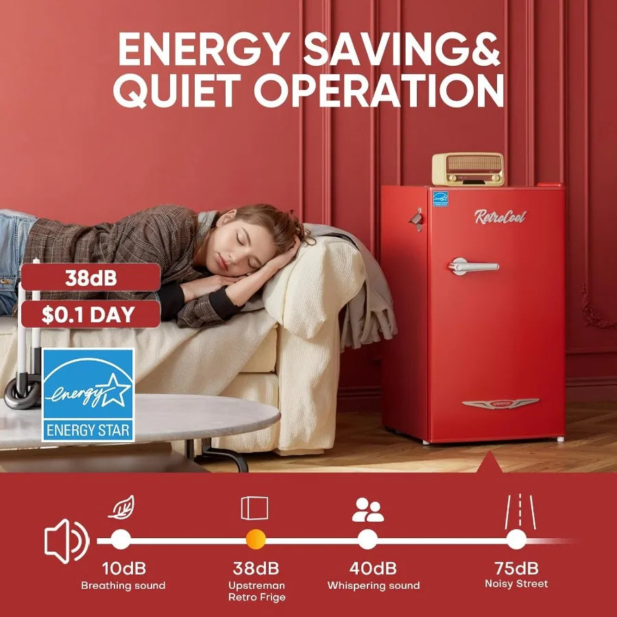 3.2 Cu.Ft Retro Mini Fridge with Bottle Opener for Bedroom Office Dorm Energy Saving Design Adjustable Thermostat Metal Handle