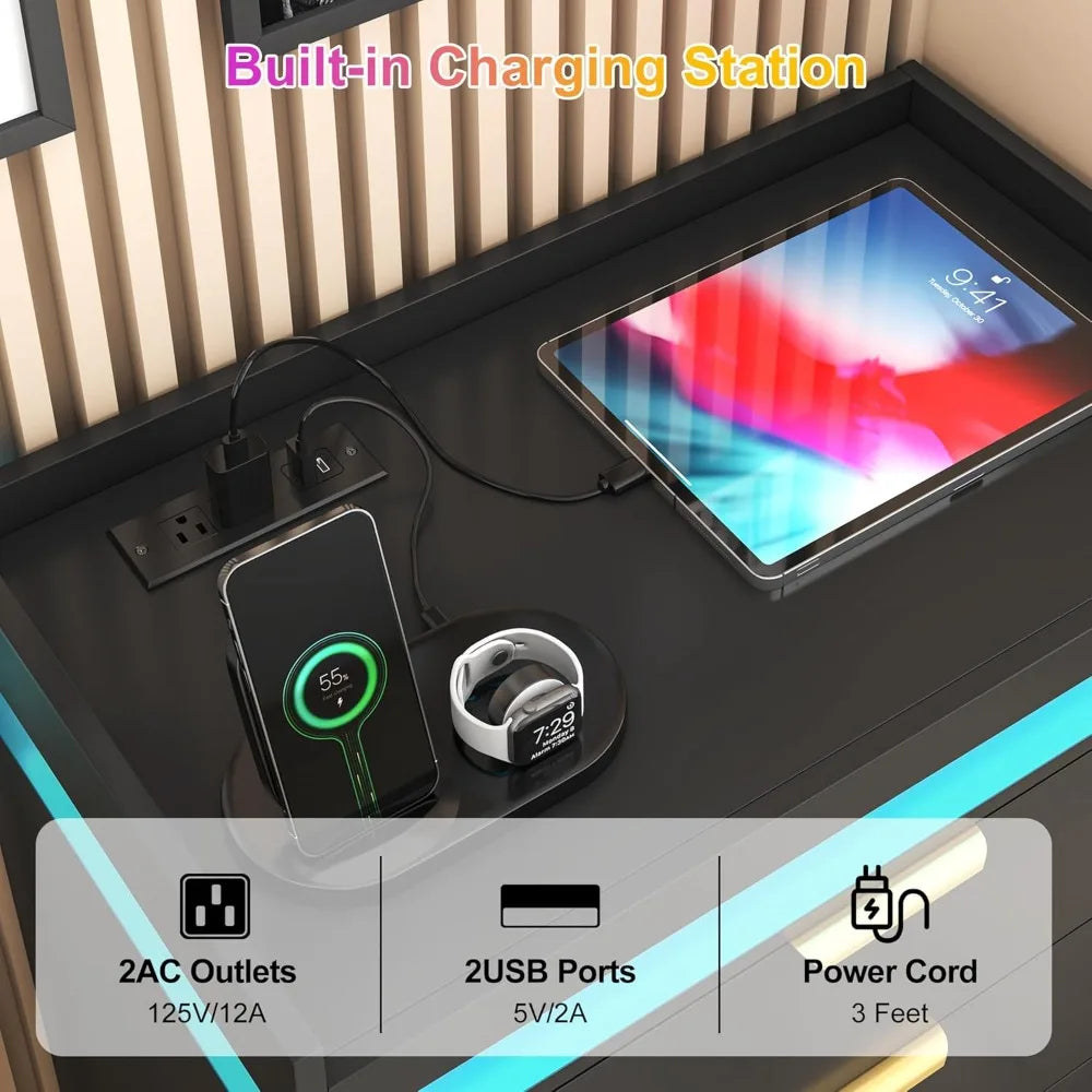 Dresser for Bedroom, Black Dresser with LED Lights, Wood 5 Drawer Chest with Power Outlet, Modern Chest of Drawers for Bedr