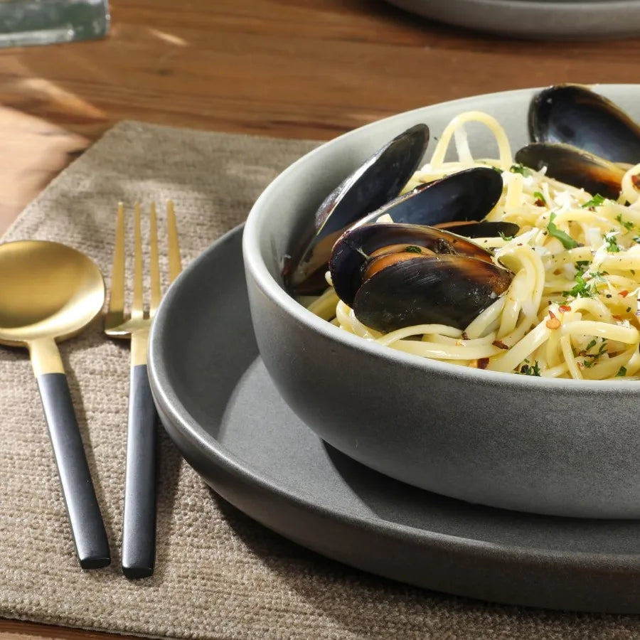 Pasco 16 Piece Service for 4 Plates and Bowls Double Bowl Reactive Glaze Dishes Stoneware Ceramic Dinnerware Set Grey