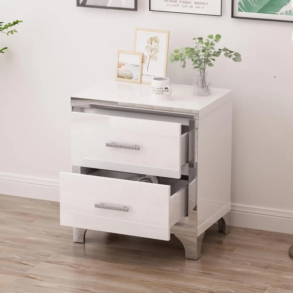Elegant White High Gloss Nightstand with Two Drawers, Metal Handled Bedside Table for Bedroom and Living Room