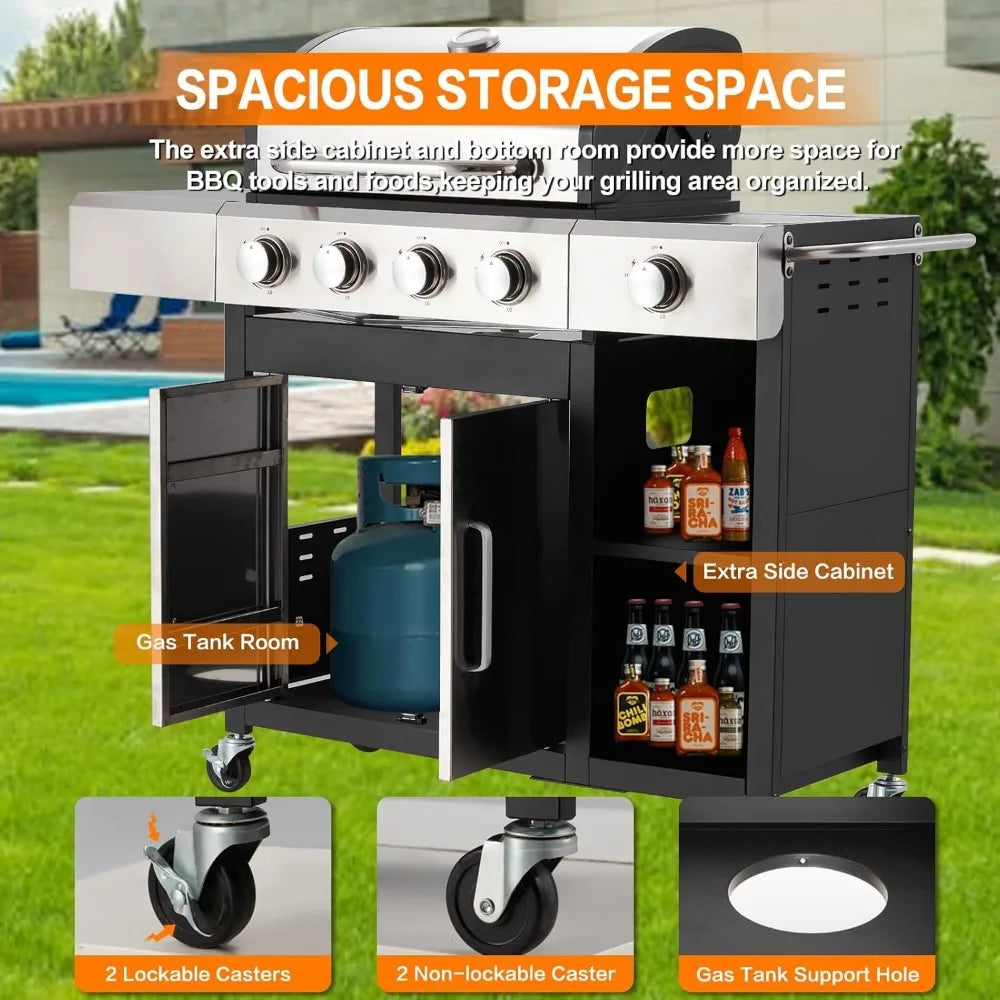 Stainless Steel 4-Burner Propane Gas Grill with Side Burner and Cabinet, 49,000 BTU Output, Porcelain-Enameled Cast Iron Grates