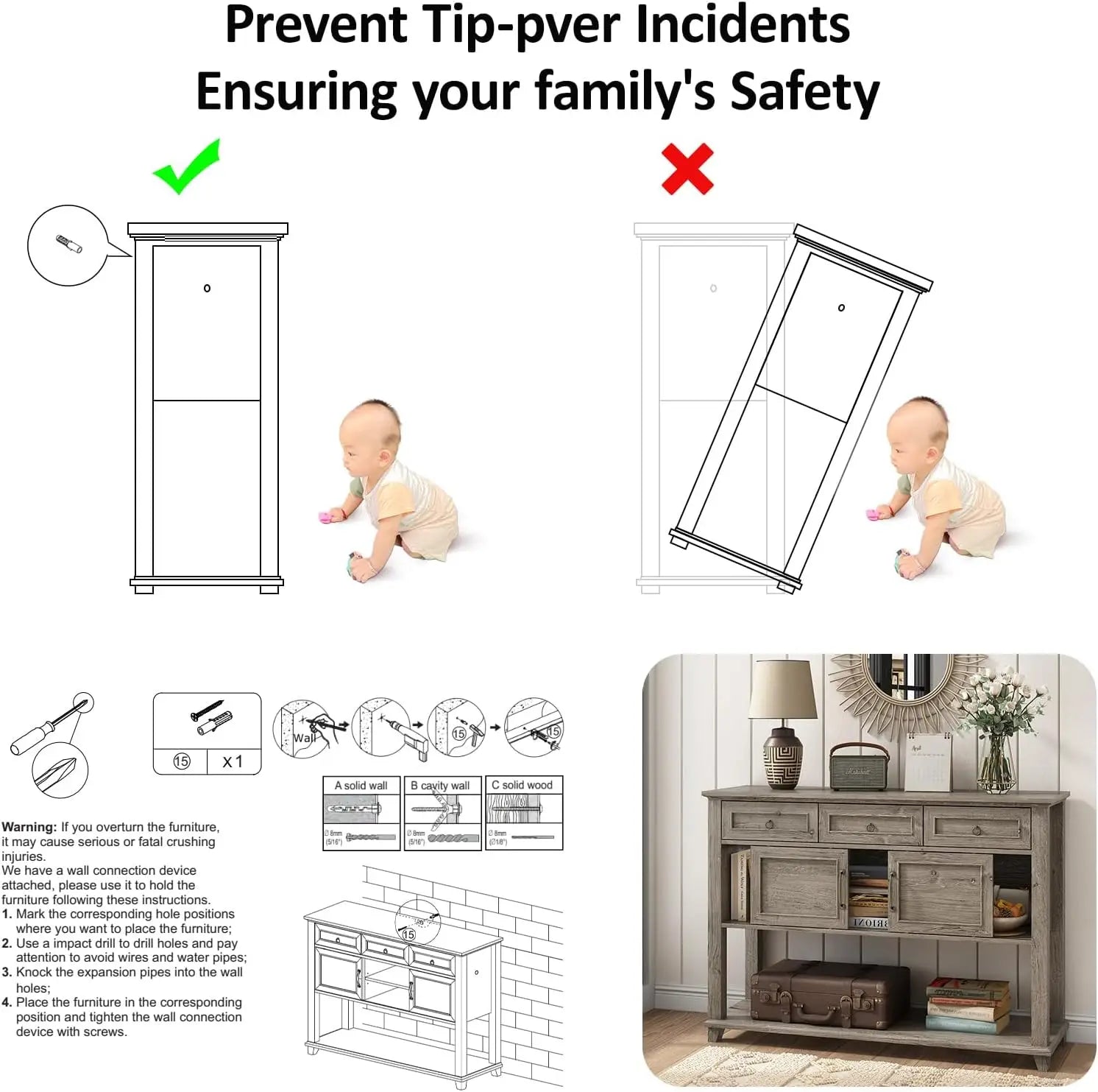 Vabches Console Table for Hallway Wood Entryway Table with 3 Storage Drawer&Sliding Barn Doors 47'' W Console Table for Entryway