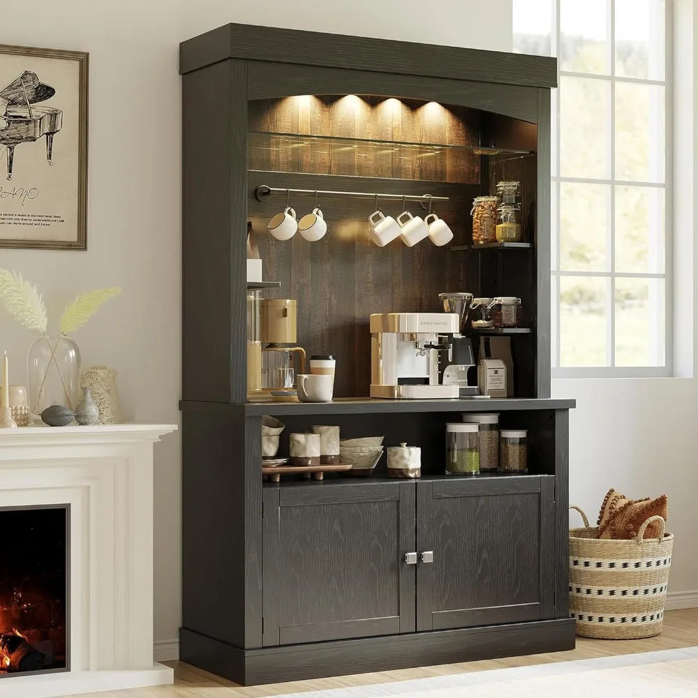 72″ Tall Farmhouse Coffee Bar Cabinet – LED Buffet Sideboard with Storage