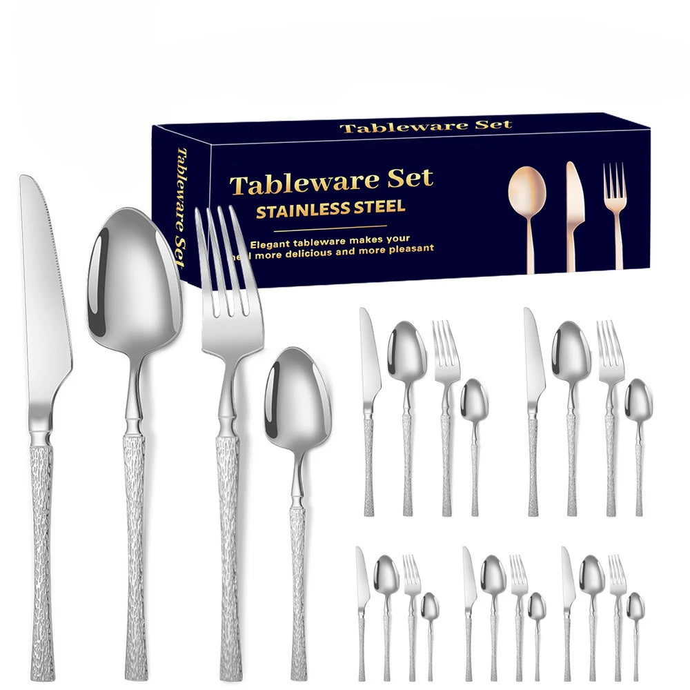 30pcs Hammer Pattern Small Waist Stainless Steel Steak Knife Fork and Spoon Creative Western Style Fork and Spoon Tableware Set