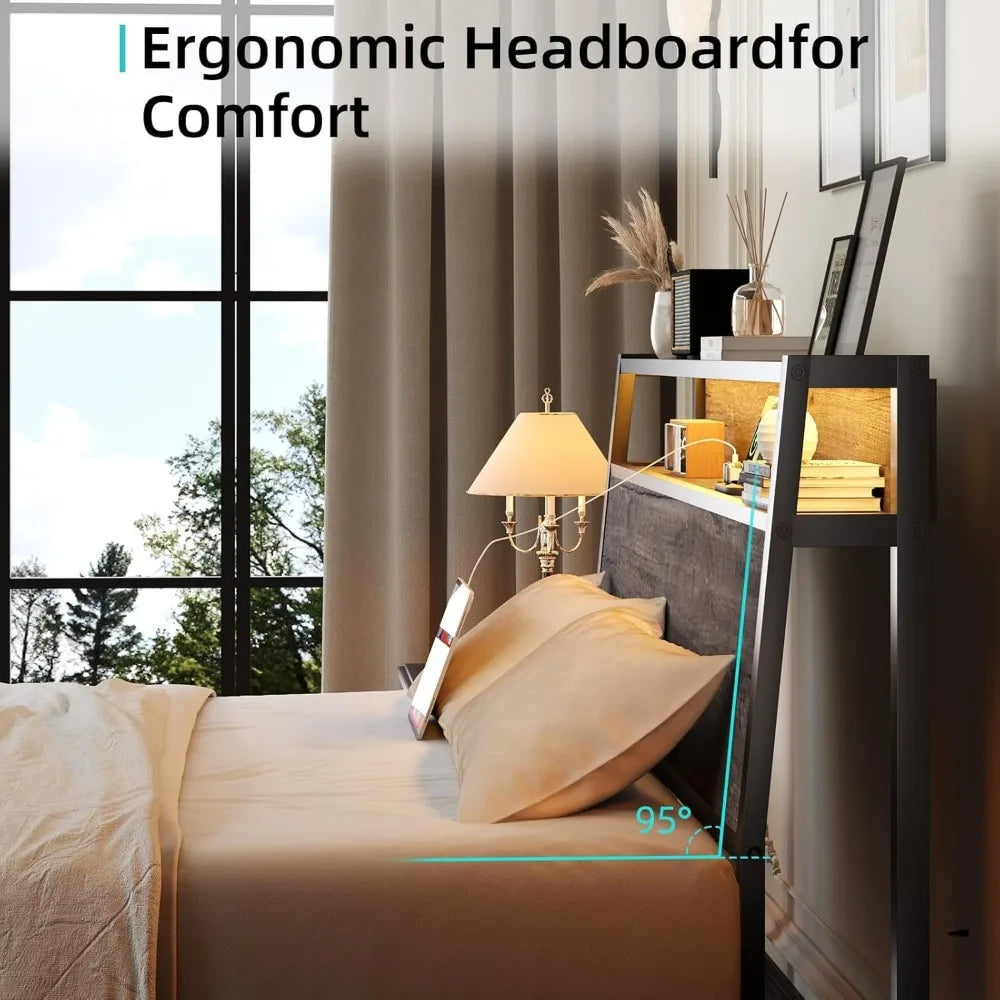 Twin Size Platform Bed Frame with Storage Headboard, LED Lighting & Built-In Charging Port