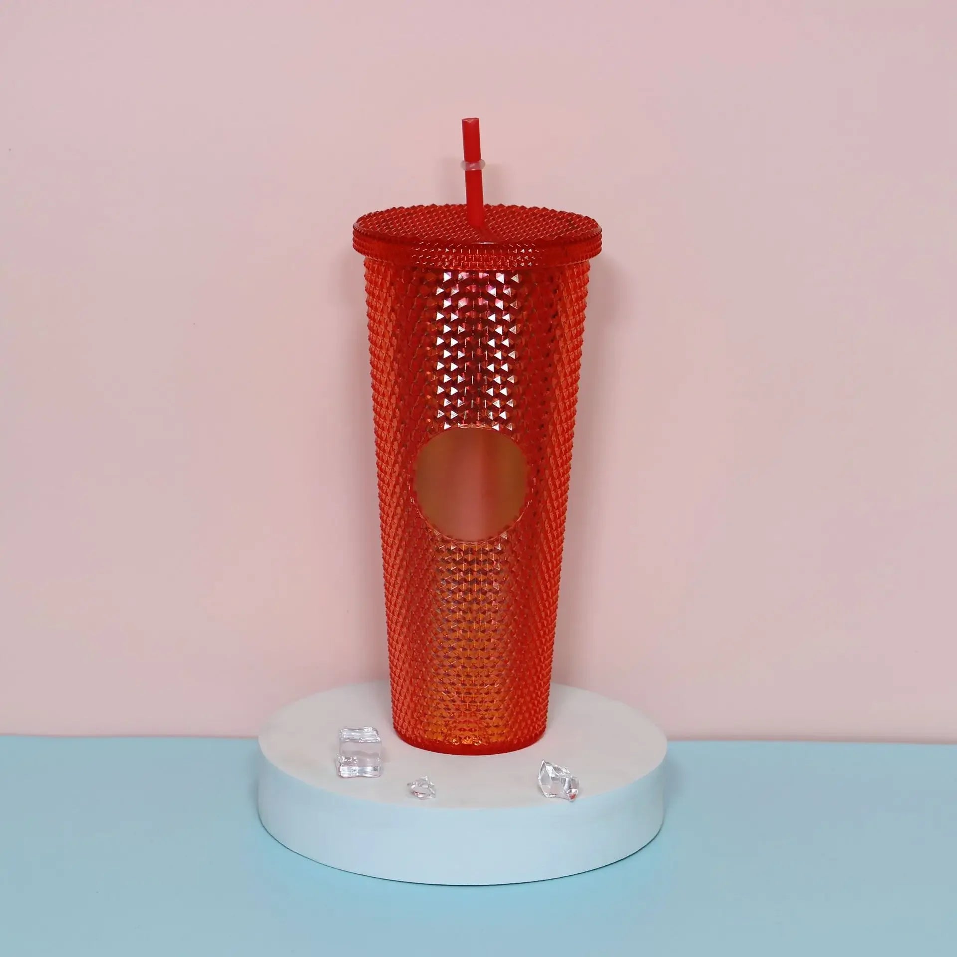 Diamond Pattern Double Layer Plastic Straw Cup with Gradient Color for Outdoor Travel Sports Drinkware Camping Gifts New